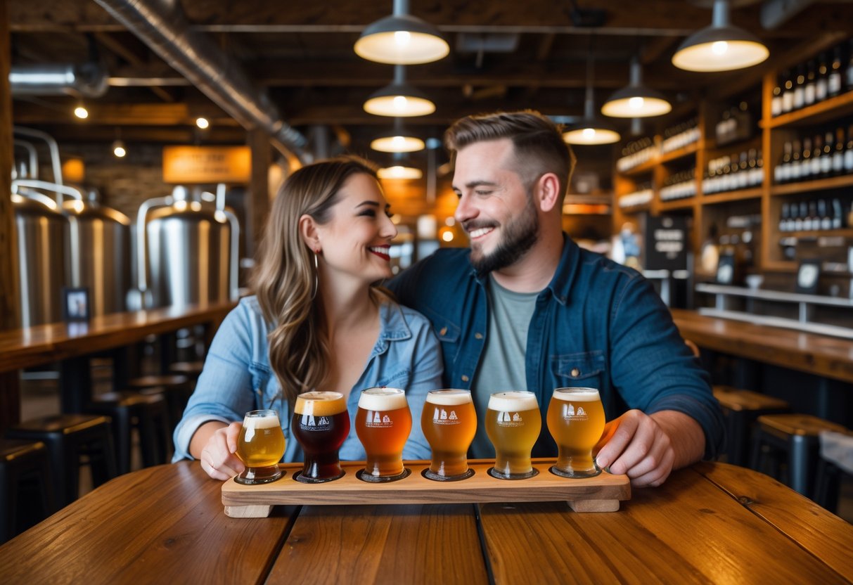 A couple enjoying a flight of craft beers together at a wooden table inside a warmly lit brewery.
