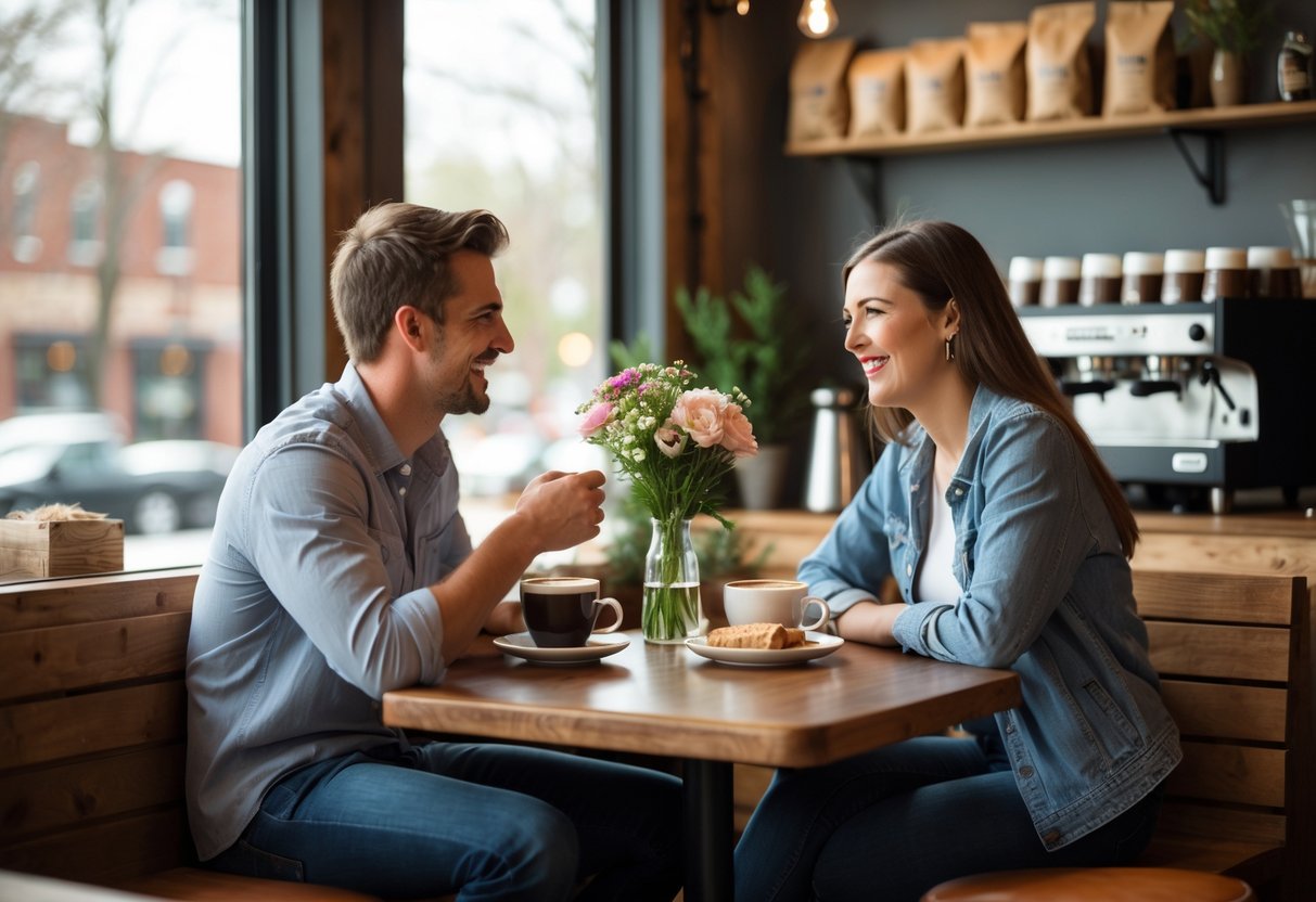 A young couple smiling and talking over coffee at a small table inside a cozy coffee shop.