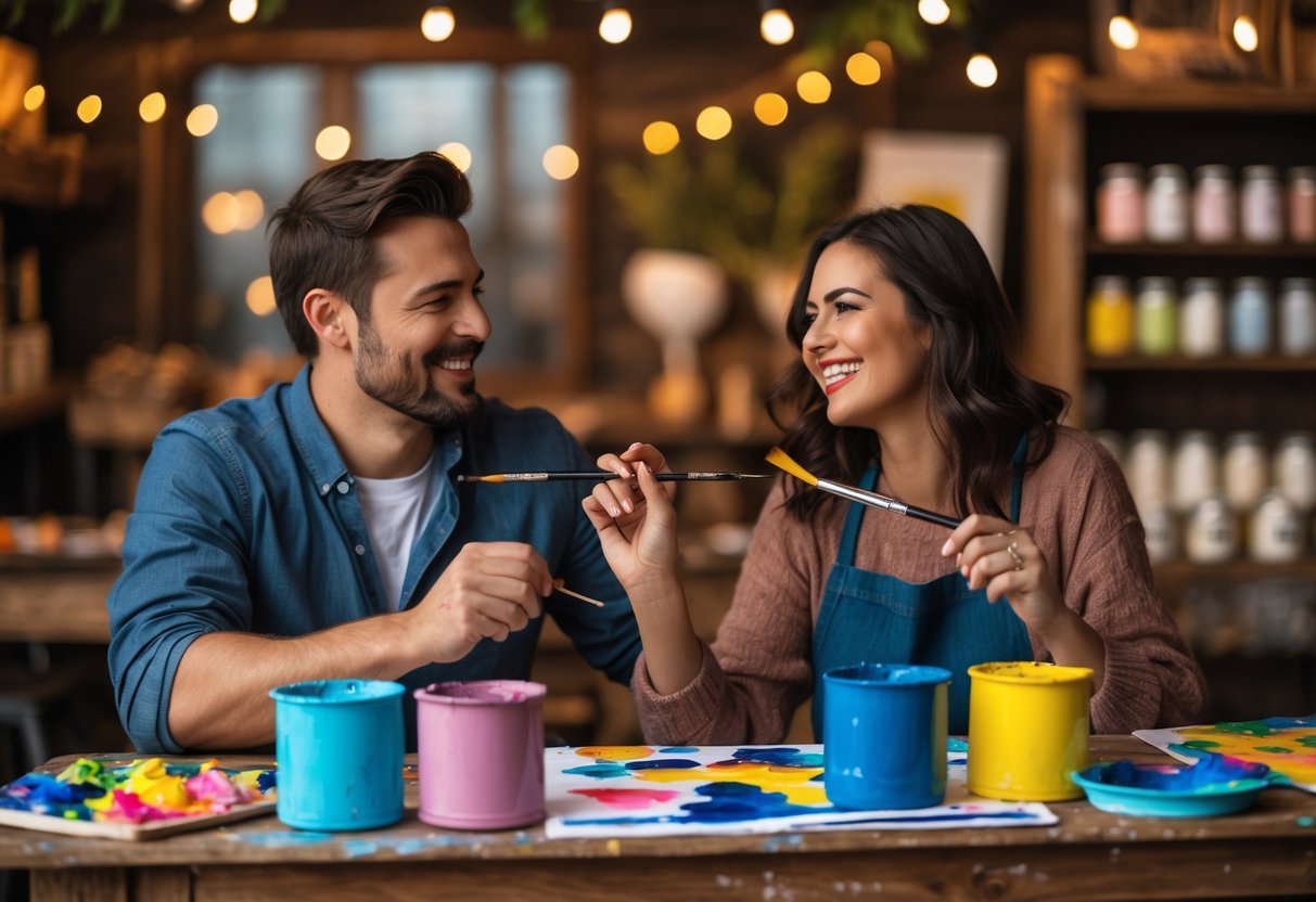 A couple painting together at a table inside Lynchburg Community Market, smiling and enjoying their date night.
