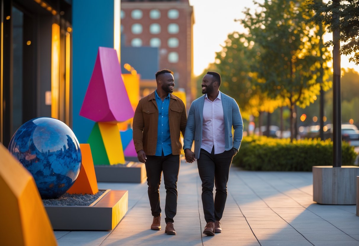 A couple walking and enjoying outdoor sculptures at The 21c Museum Hotel in Louisville during sunset.