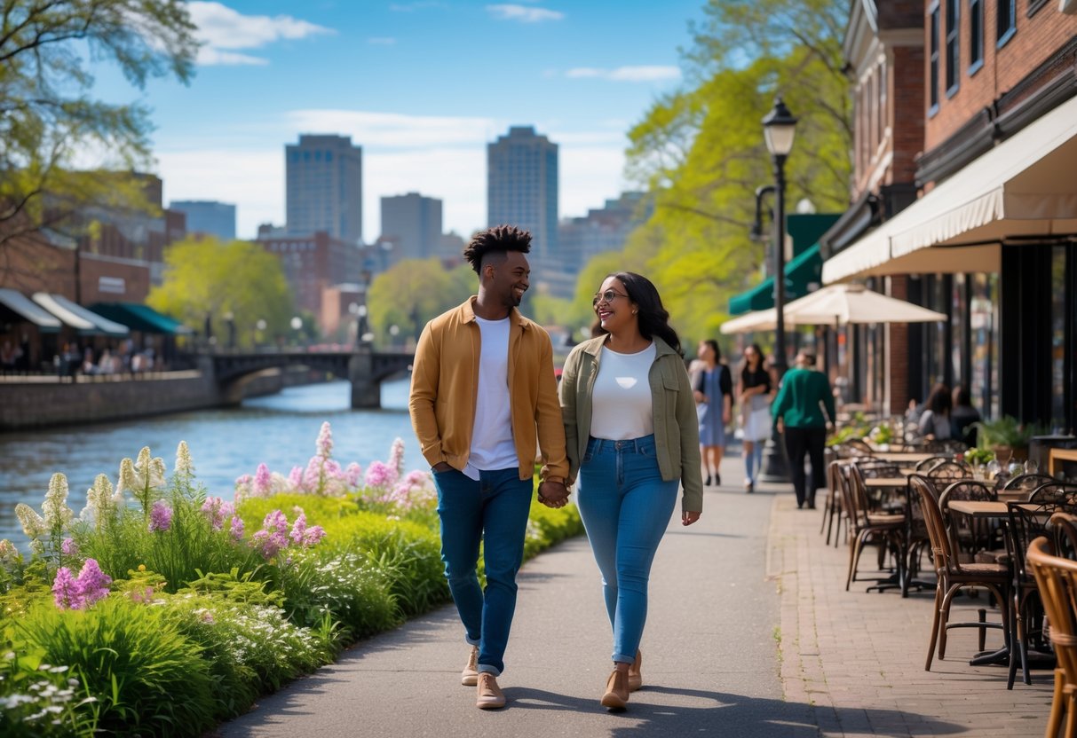 A young couple walking hand-in-hand along a riverside park with the city skyline in the background.