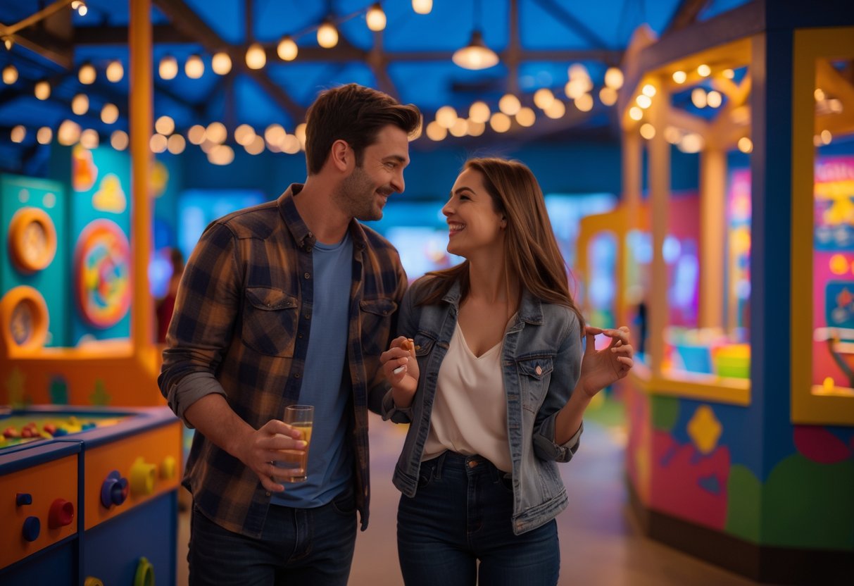 A young couple enjoying a playful and romantic evening together at an interactive museum with colorful exhibits and warm lighting.
