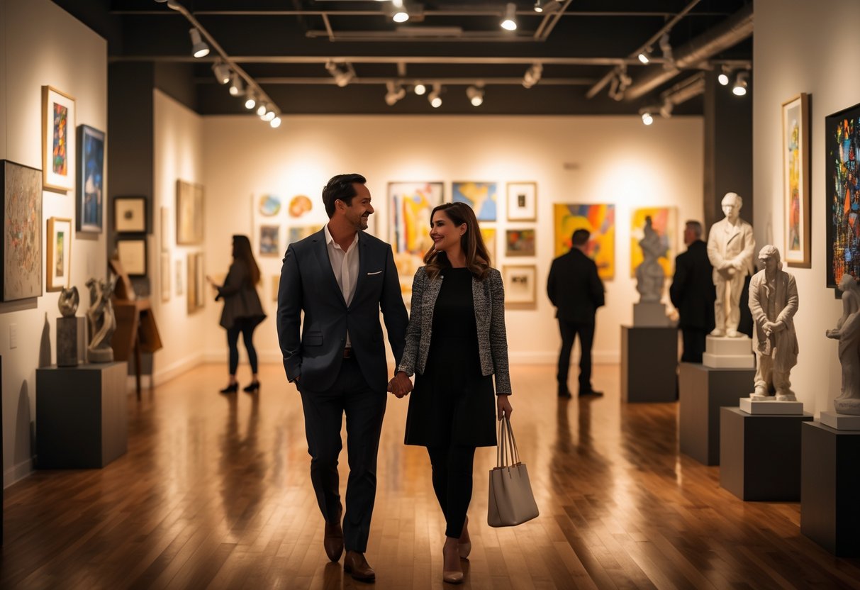 A couple enjoying an art gallery with paintings and sculptures around them during an evening visit.
