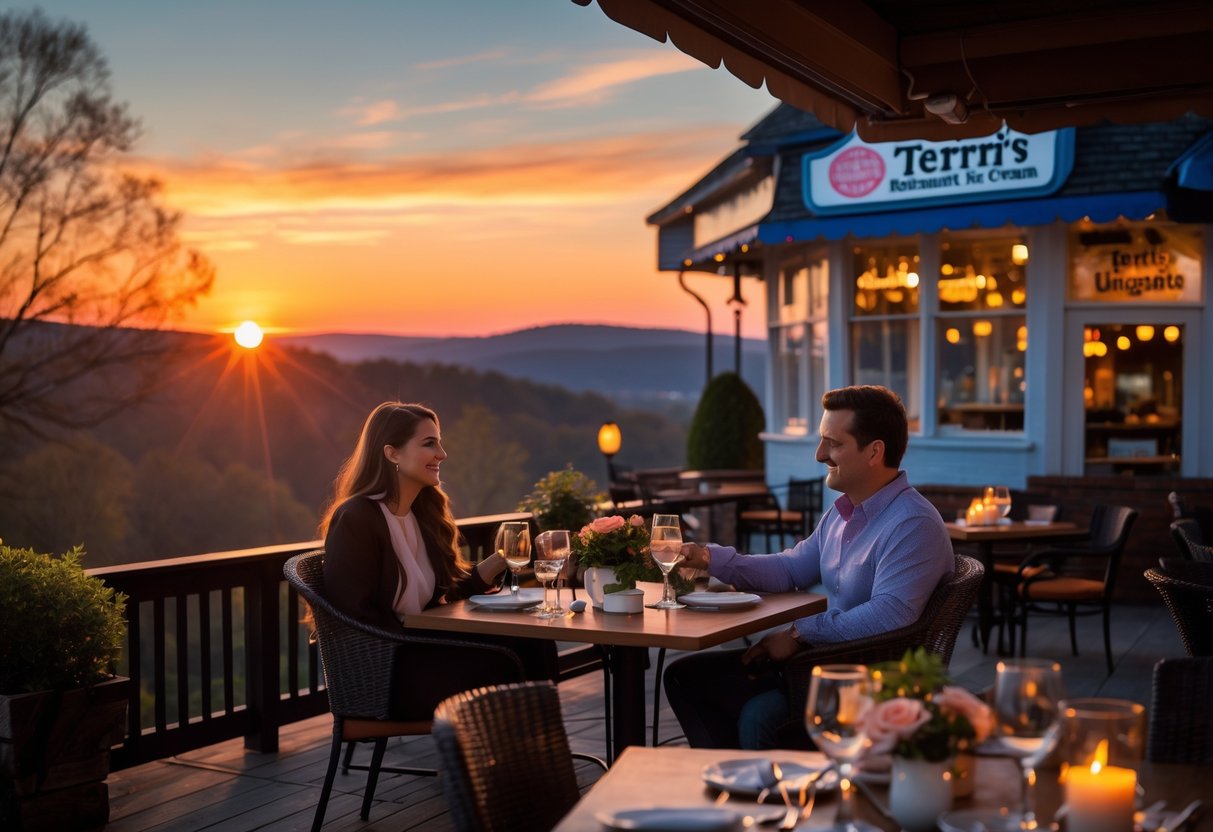 A couple enjoying a romantic dinner at an outdoor table during sunset with trees and hills in the background.
