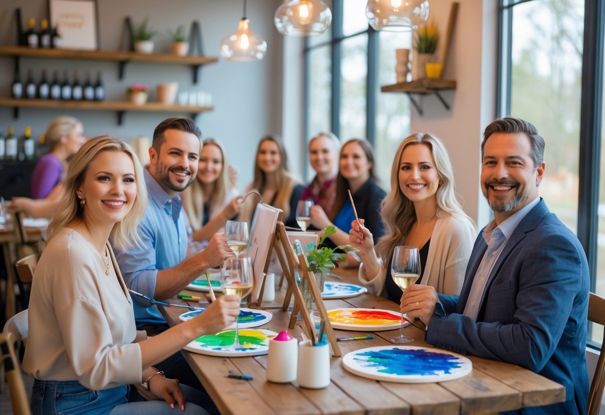 Couple and friends painting on canvases while enjoying drinks at a lively paint and sip studio.