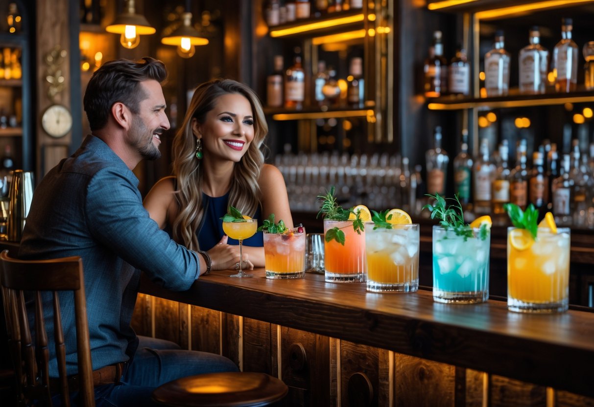 A couple enjoying craft cocktails together at a warmly lit bar with bottles and vintage decor in the background.