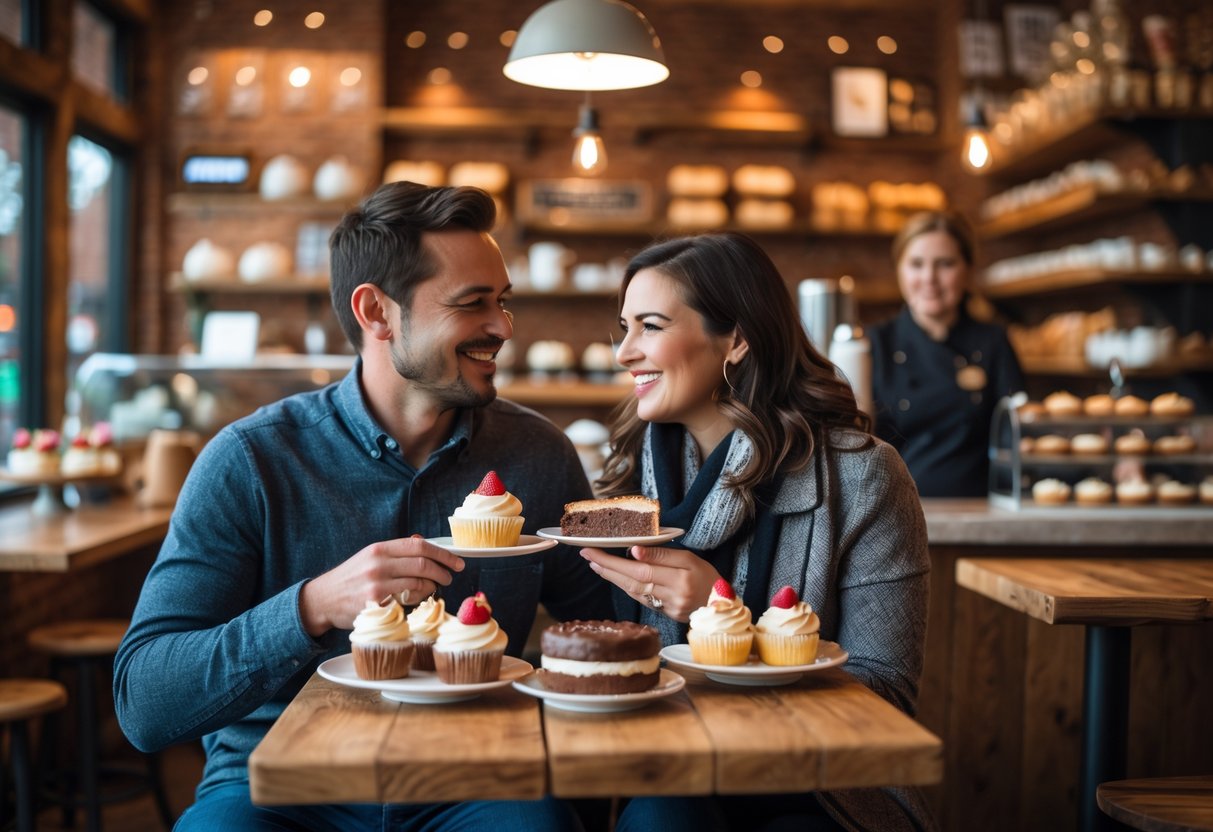 A couple enjoying desserts together at a cozy bakery table with baked goods and a barista in the background.