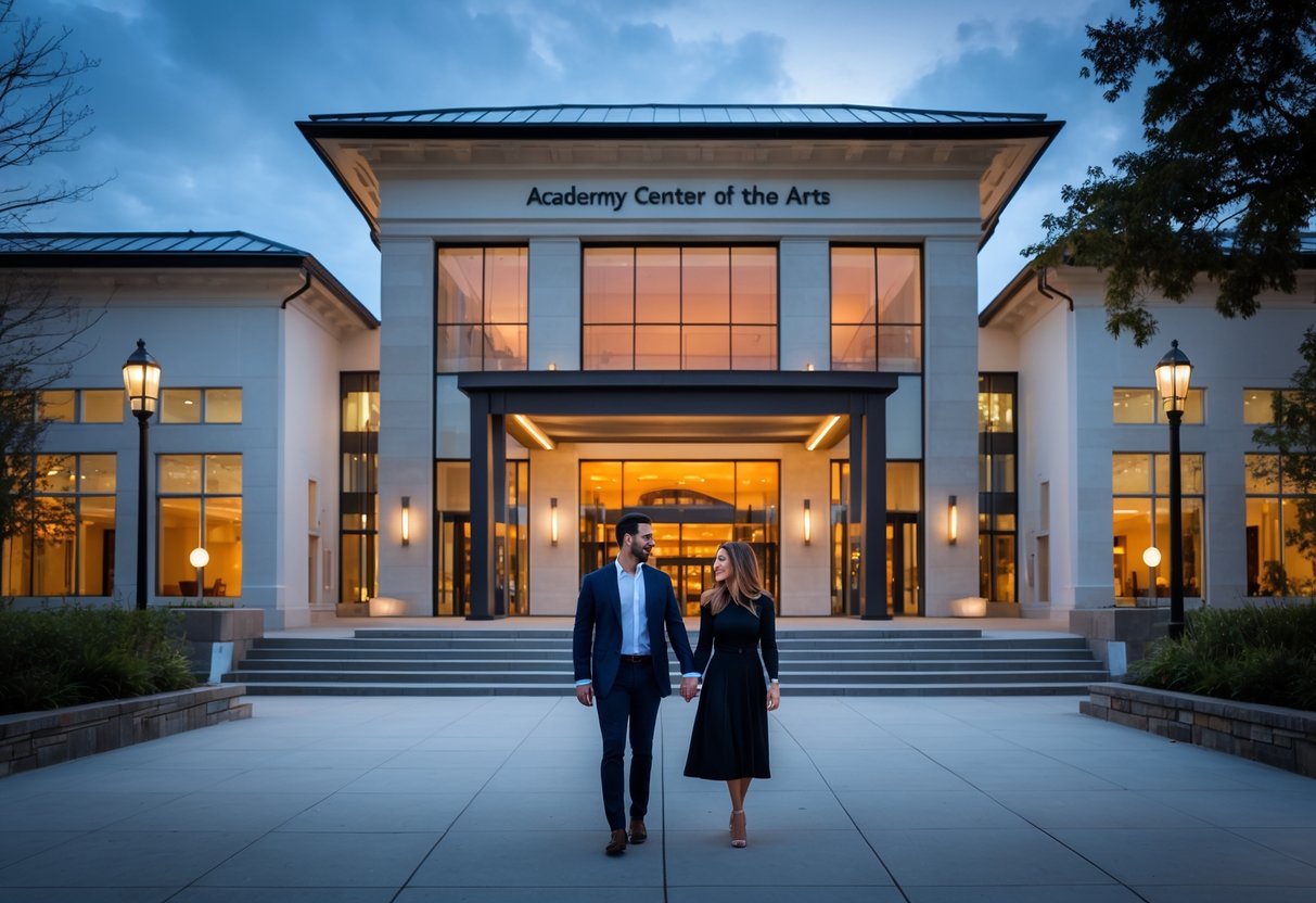 A couple walking hand-in-hand toward the entrance of an arts center during early evening.