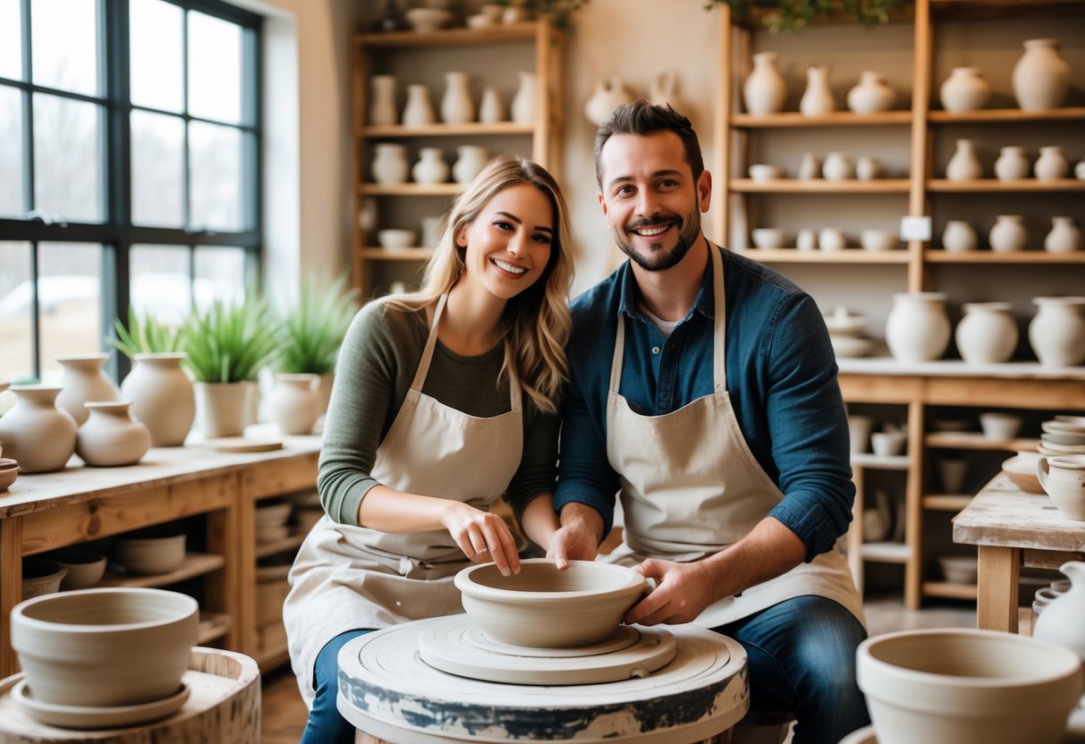 A couple making pottery together at a potter's wheel inside a bright pottery studio.