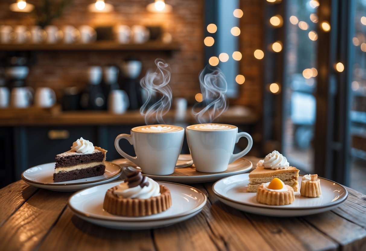Two cups of coffee and a variety of desserts arranged on a wooden table inside a cozy coffee shop.