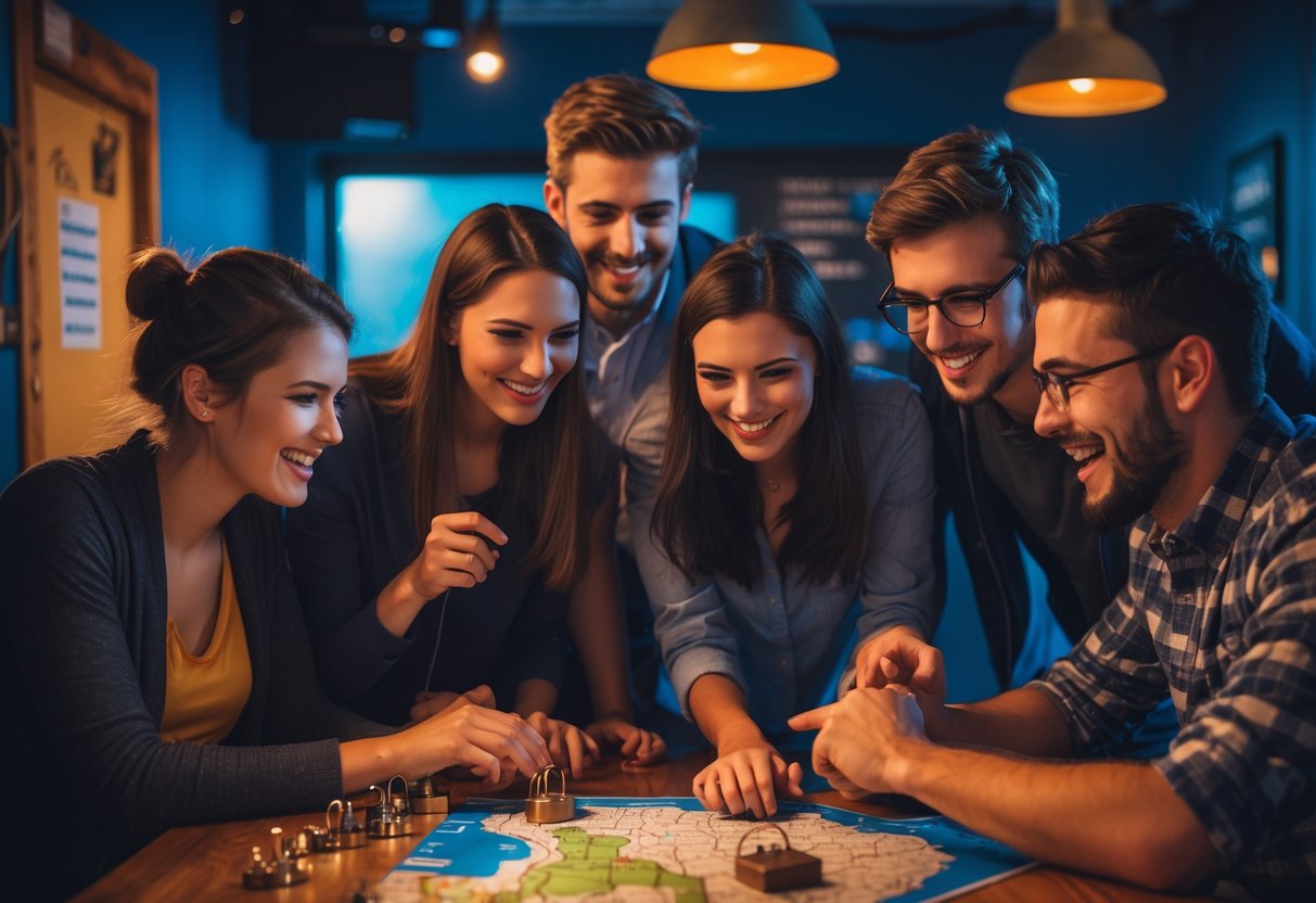 Two couples working together to solve puzzles in an escape room with warm lighting and interactive props.