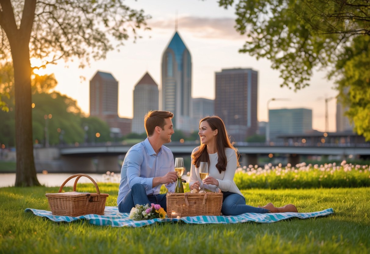A young couple enjoying a picnic together in a park with the Louisville skyline and a river in the background.