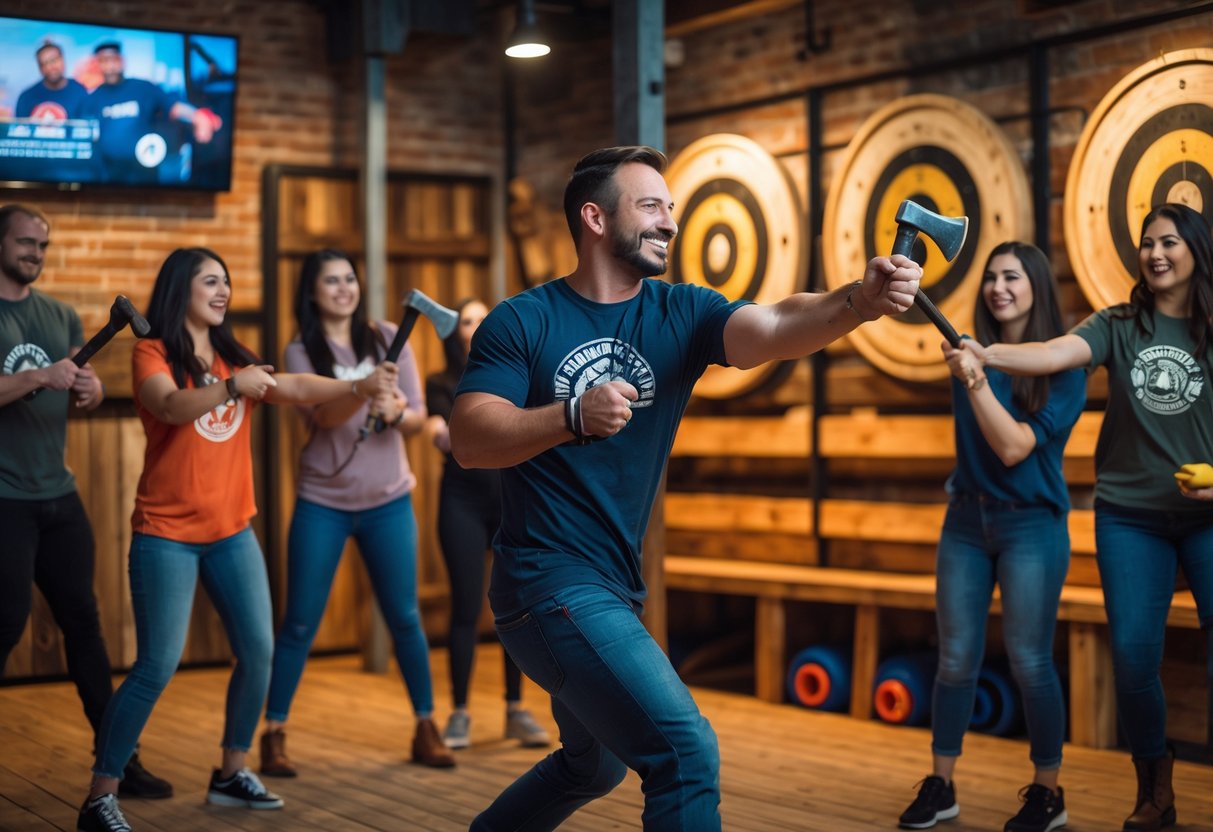 A group of friends enjoying axe throwing together inside a rustic indoor venue.