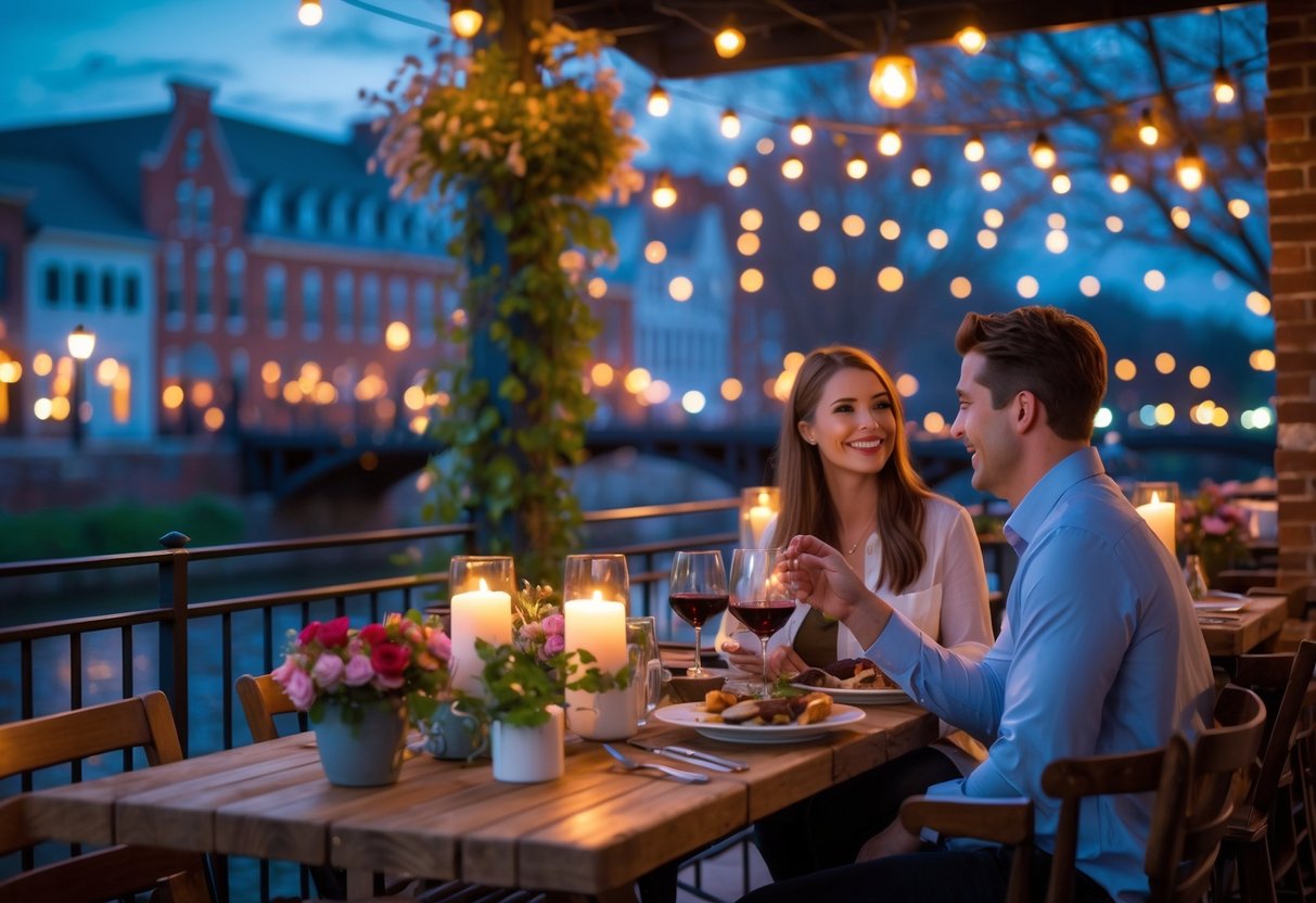 A young couple enjoying a romantic outdoor dinner at a softly lit restaurant patio with historic buildings and a river in the background.