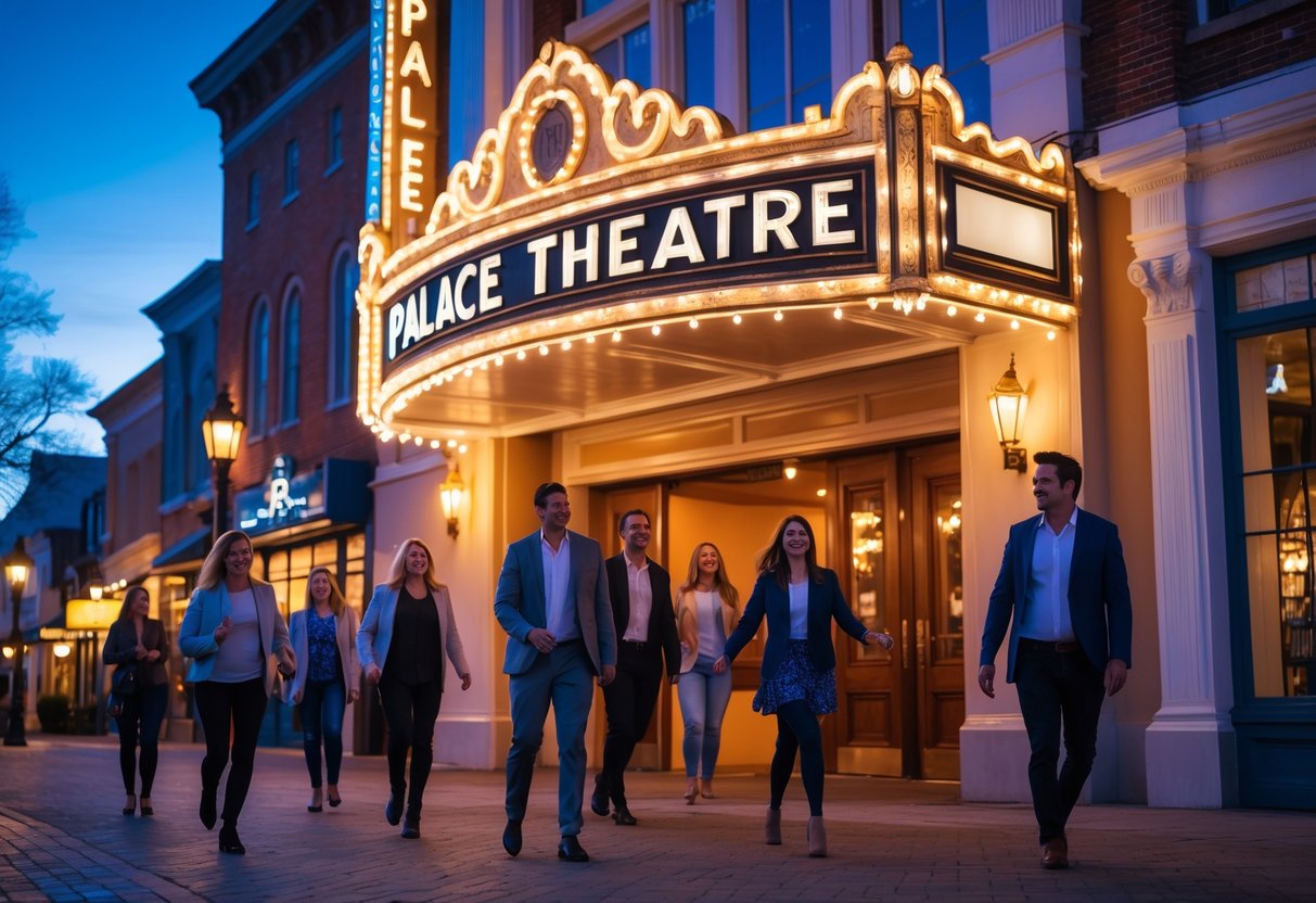 Evening view of The Palace Theatre entrance in Manchester, NH with people walking towards it and downtown buildings around.