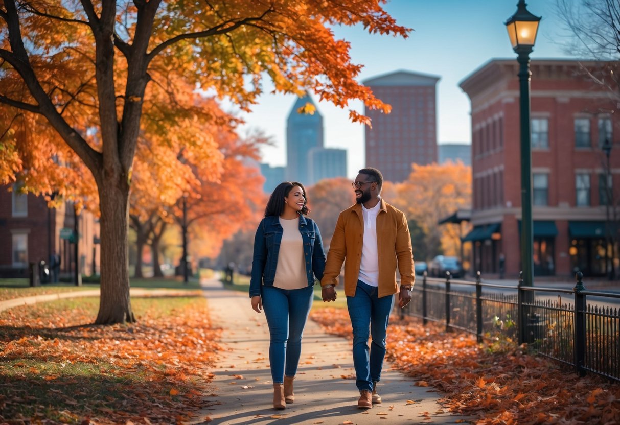 A couple walking hand-in-hand along a tree-lined path covered with autumn leaves in a park with Louisville city buildings in the background.