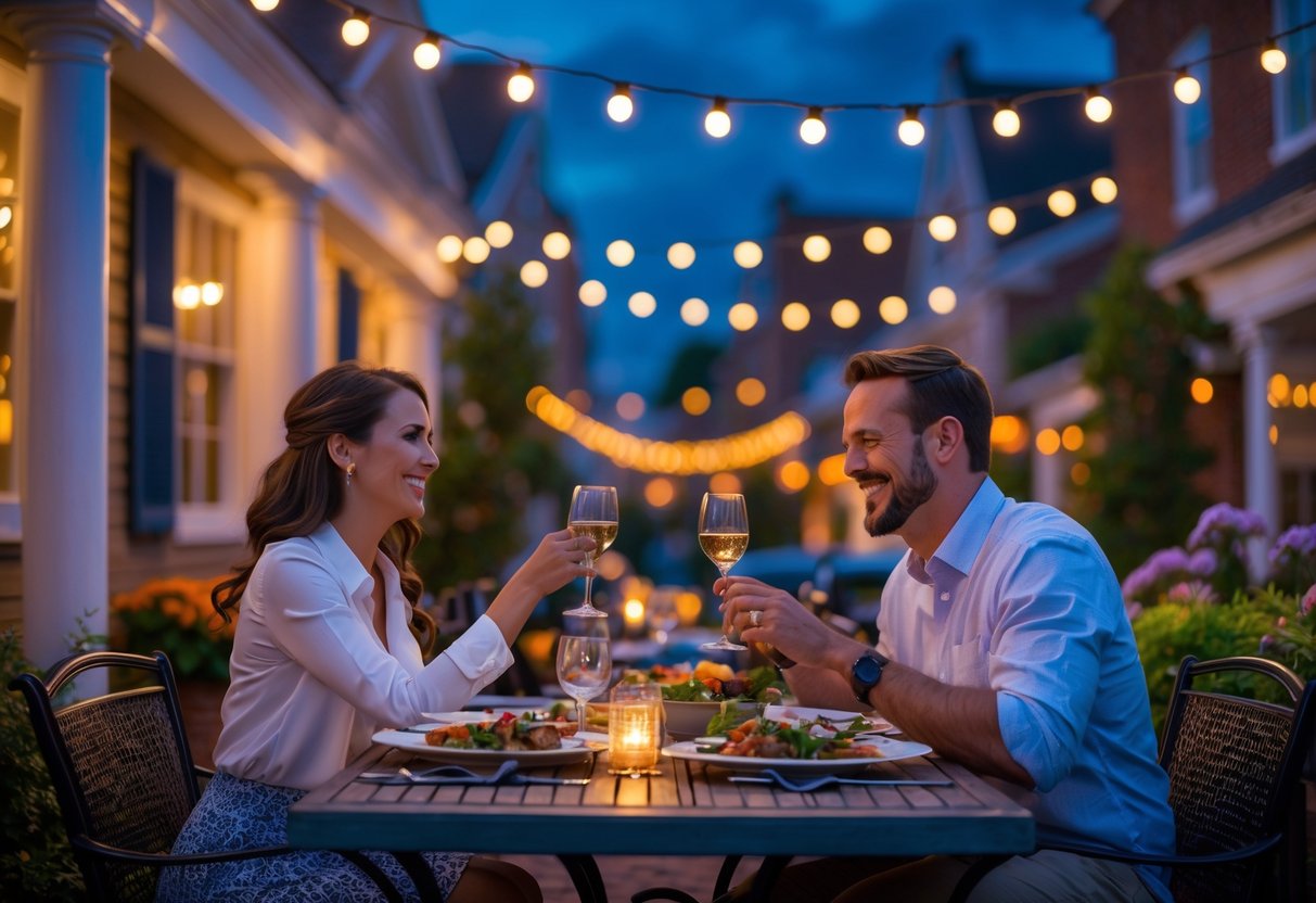 A couple enjoying a romantic outdoor dinner on a patio in Lynchburg, Virginia, with string lights and evening cityscape in the background.