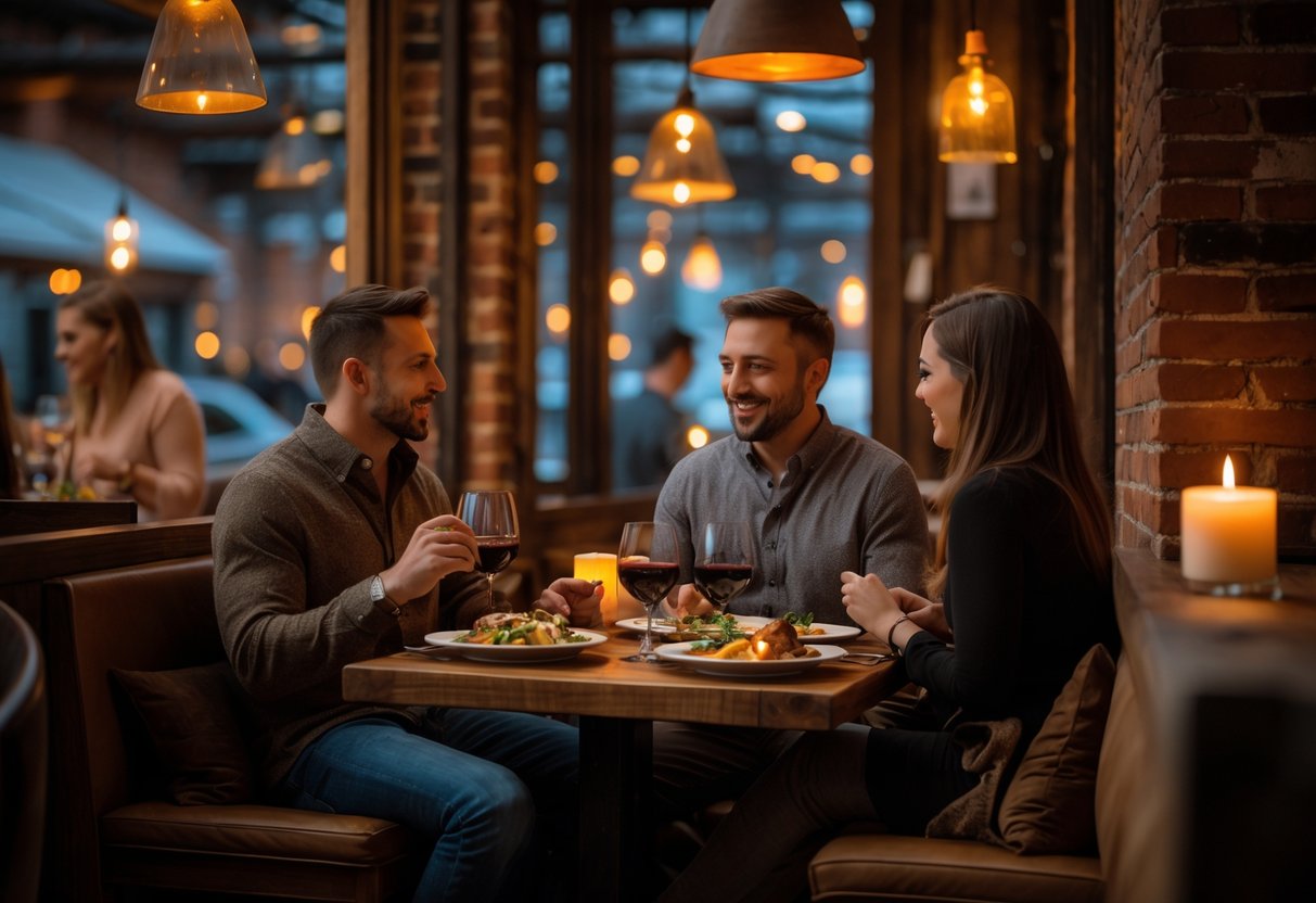 A couple enjoying a cozy dinner together at a small table inside a warmly lit restaurant.