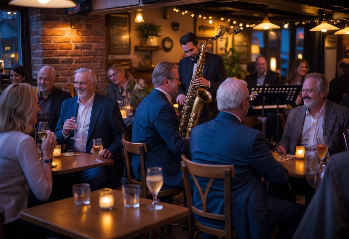 People enjoying live jazz music at a cozy local club with musicians playing on stage and patrons seated at tables.
