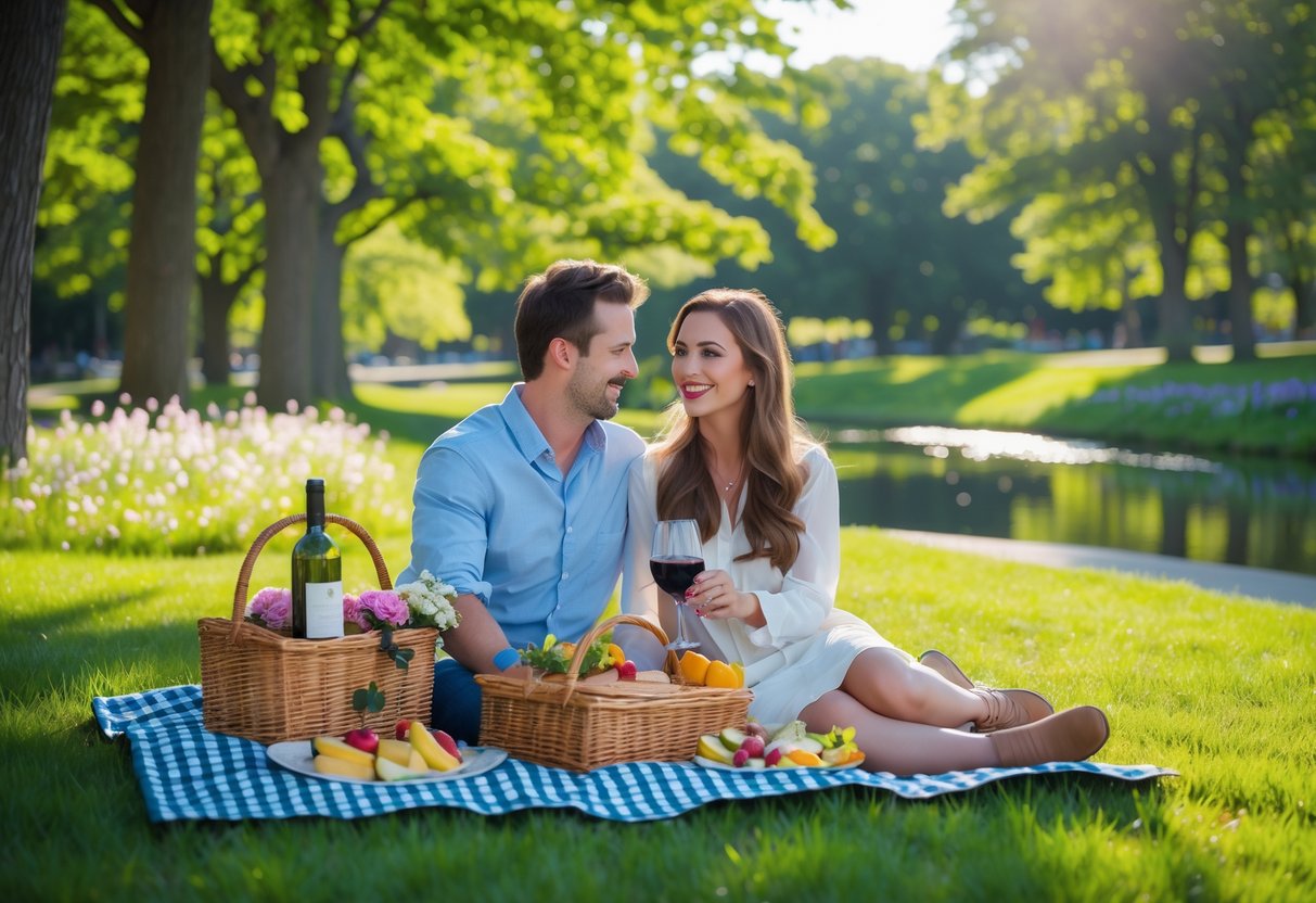 A couple having a picnic on a blanket in a green park with trees, flowers, and a pond in the background.