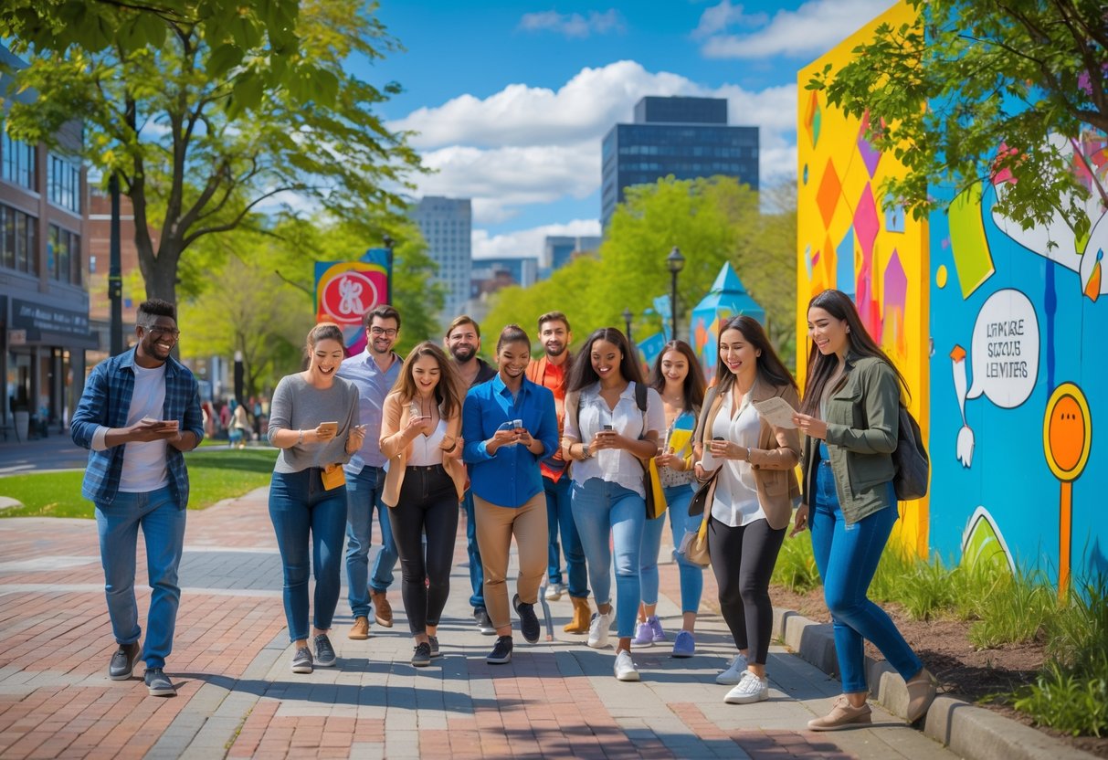 A group of young adults enjoying a scavenger hunt outdoors in a city park with buildings and trees in the background.