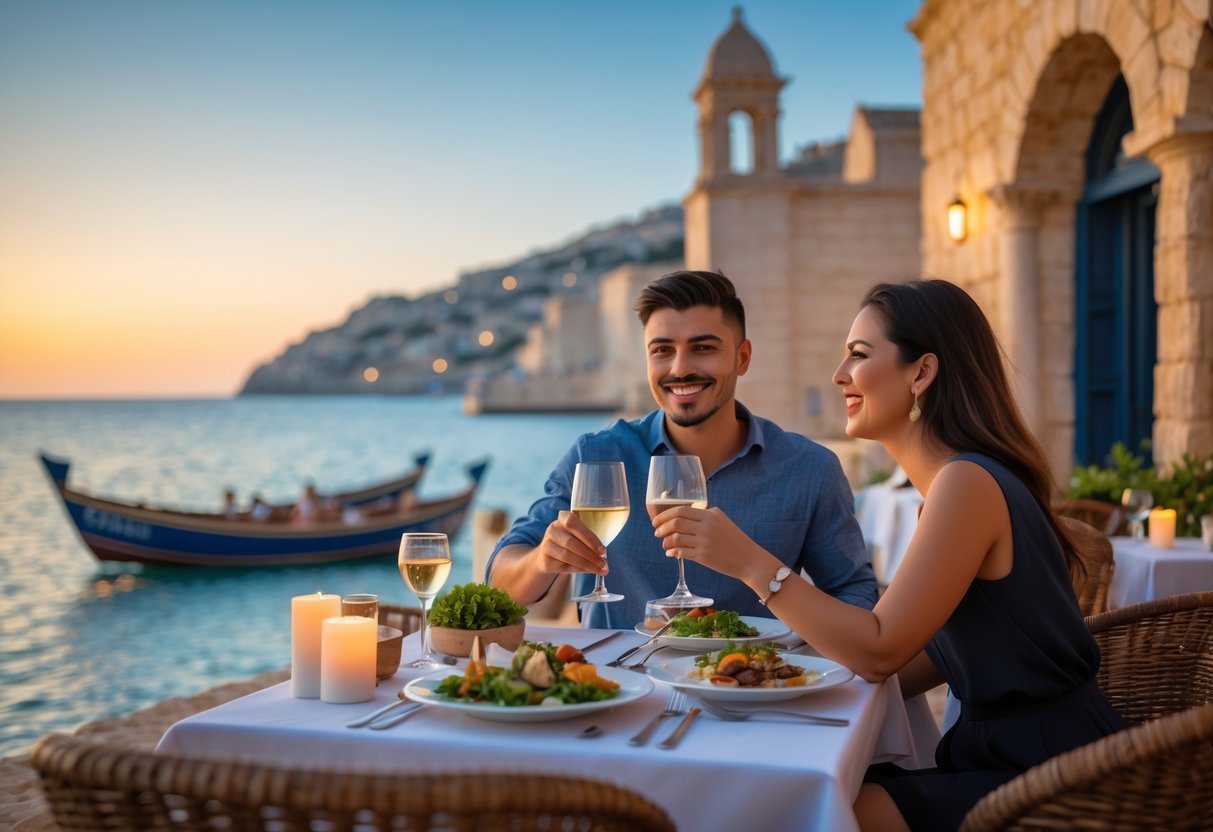 A couple enjoying a romantic dinner at a seaside restaurant in Malta during sunset, with traditional buildings and fishing boats in the background.