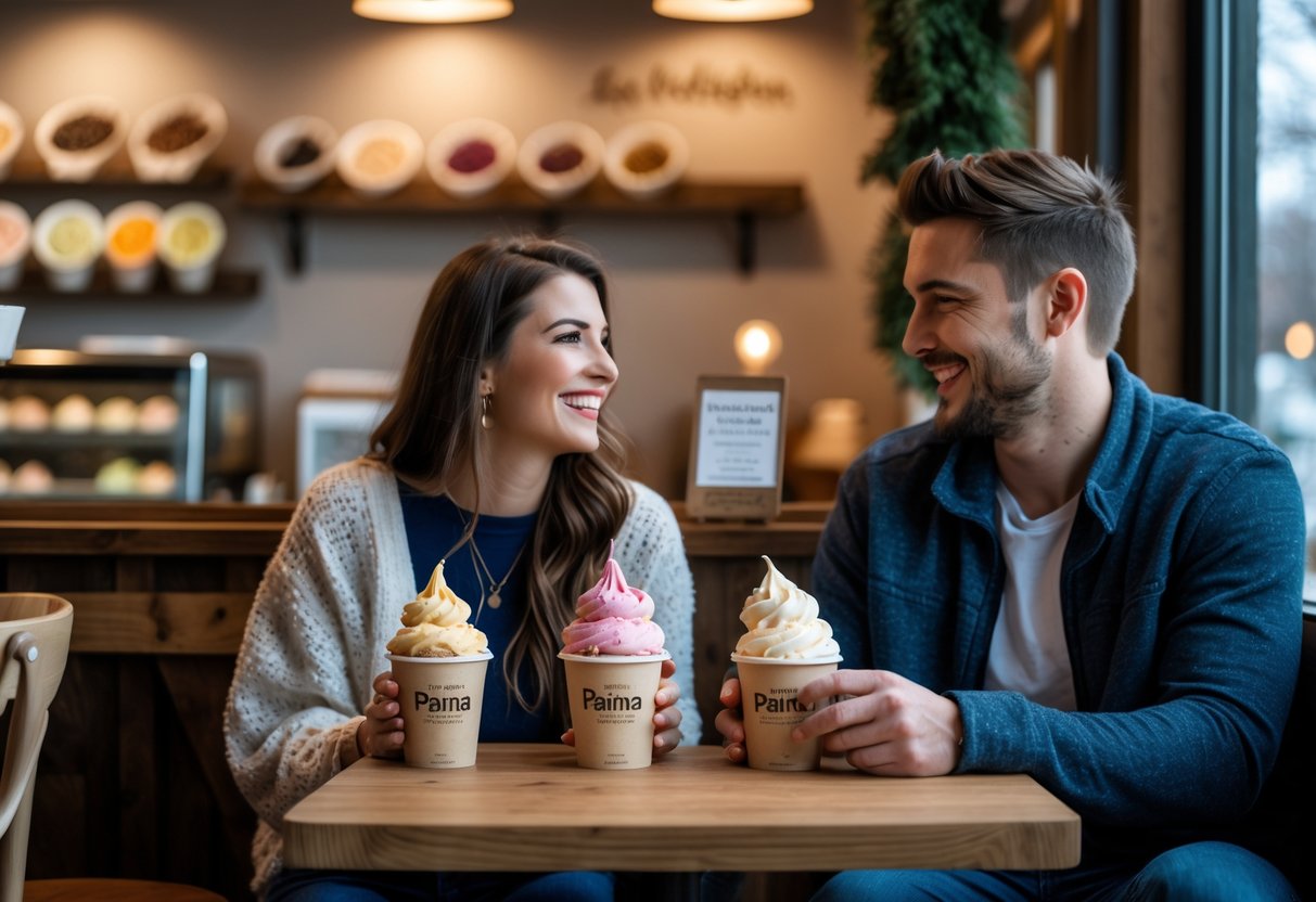 A young couple sitting at a table inside a gelato shop, enjoying cups of gelato and smiling at each other.