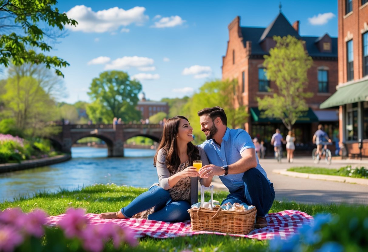 A couple enjoying a picnic by a river in a park with trees, flowers, and a historic bridge in the background.