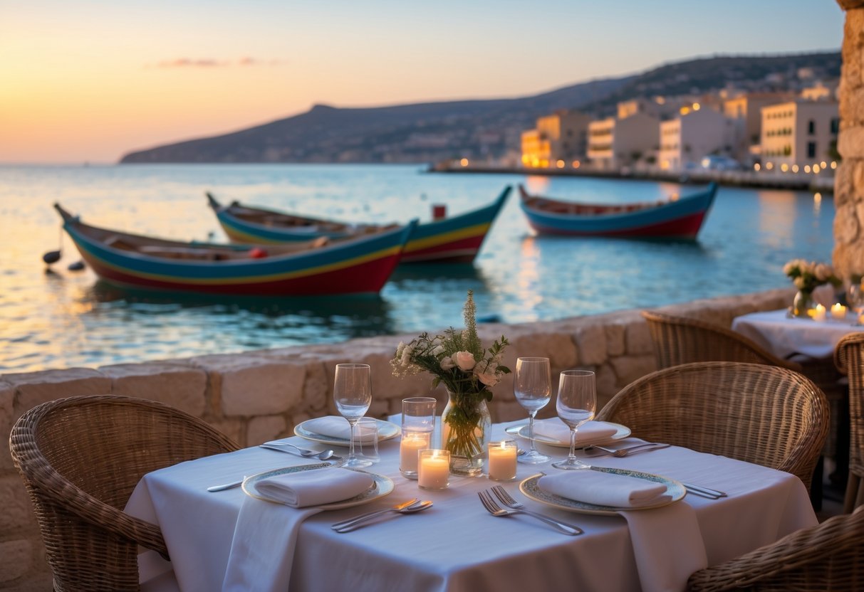 A romantic dinner table for two set outdoors by the seaside with colorful boats floating in the harbor at sunset.