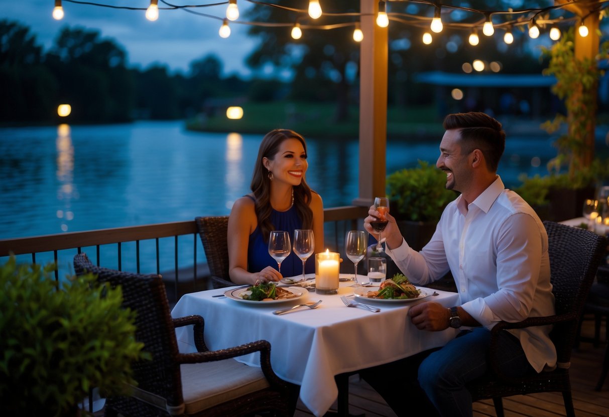 A couple enjoying a romantic dinner at an outdoor waterfront restaurant with soft lighting and a peaceful water view.