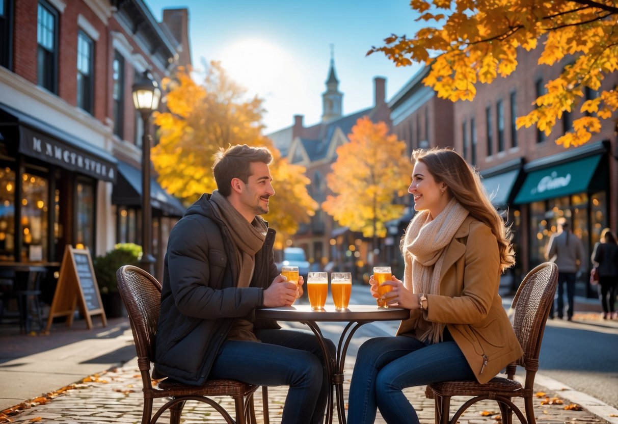 A young couple enjoying a date at an outdoor café table on a city street with autumn trees and historic buildings in the background.