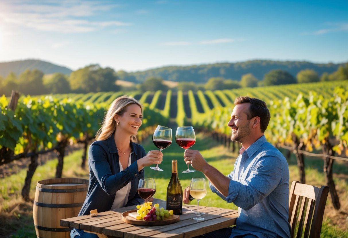 A couple enjoying a wine tasting outdoors at White Rock Vineyards with glasses of wine and a plate of cheese on a wooden table, surrounded by vineyard rows and hills.