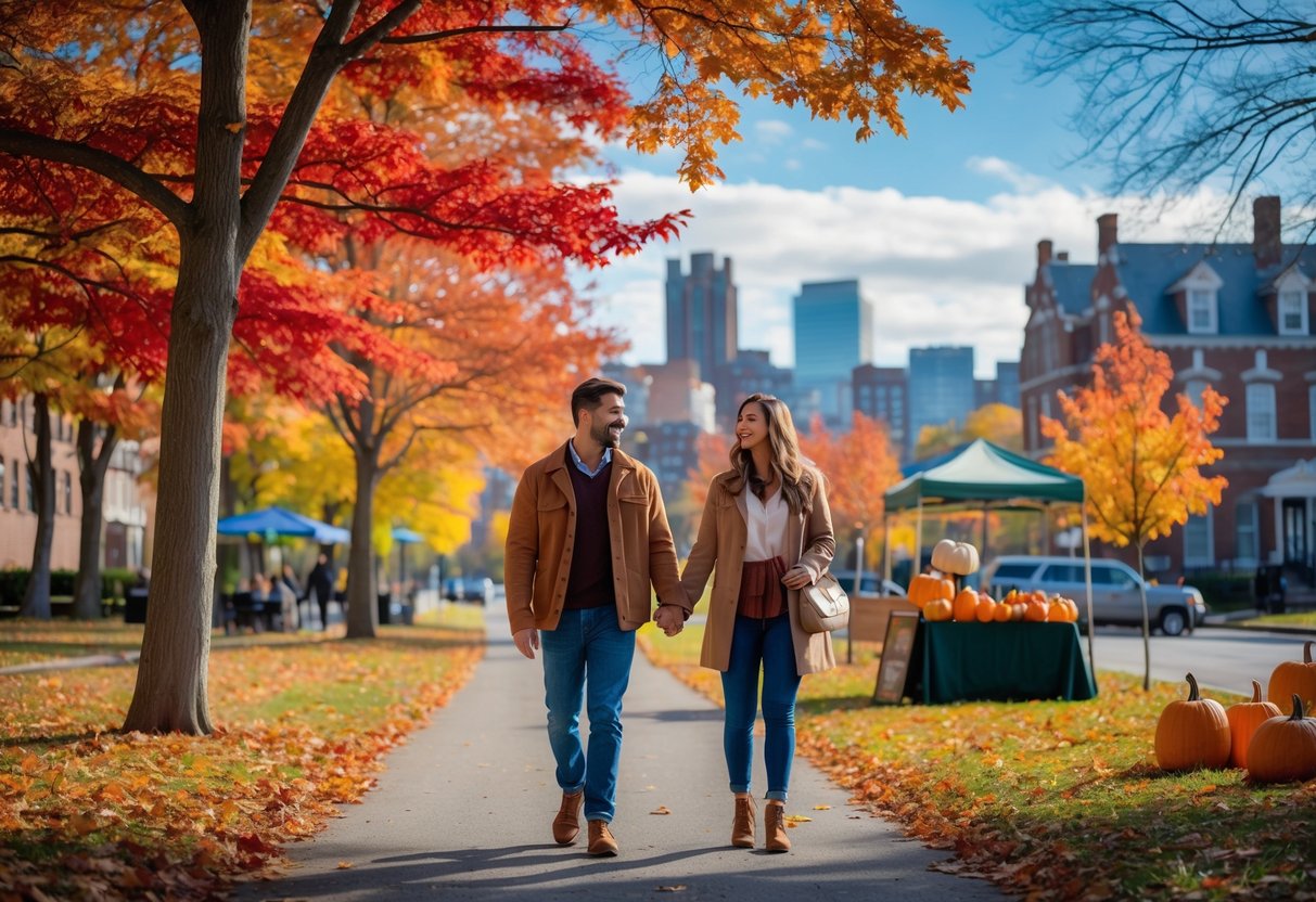 A young couple walking hand in hand through a park with colorful autumn leaves in Manchester, New Hampshire, with city buildings in the background.
