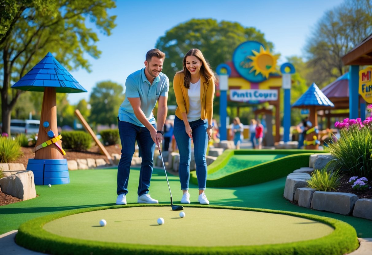 A couple playing mini golf together at an outdoor Putt-Putt Fun Center surrounded by colorful obstacles and greenery.