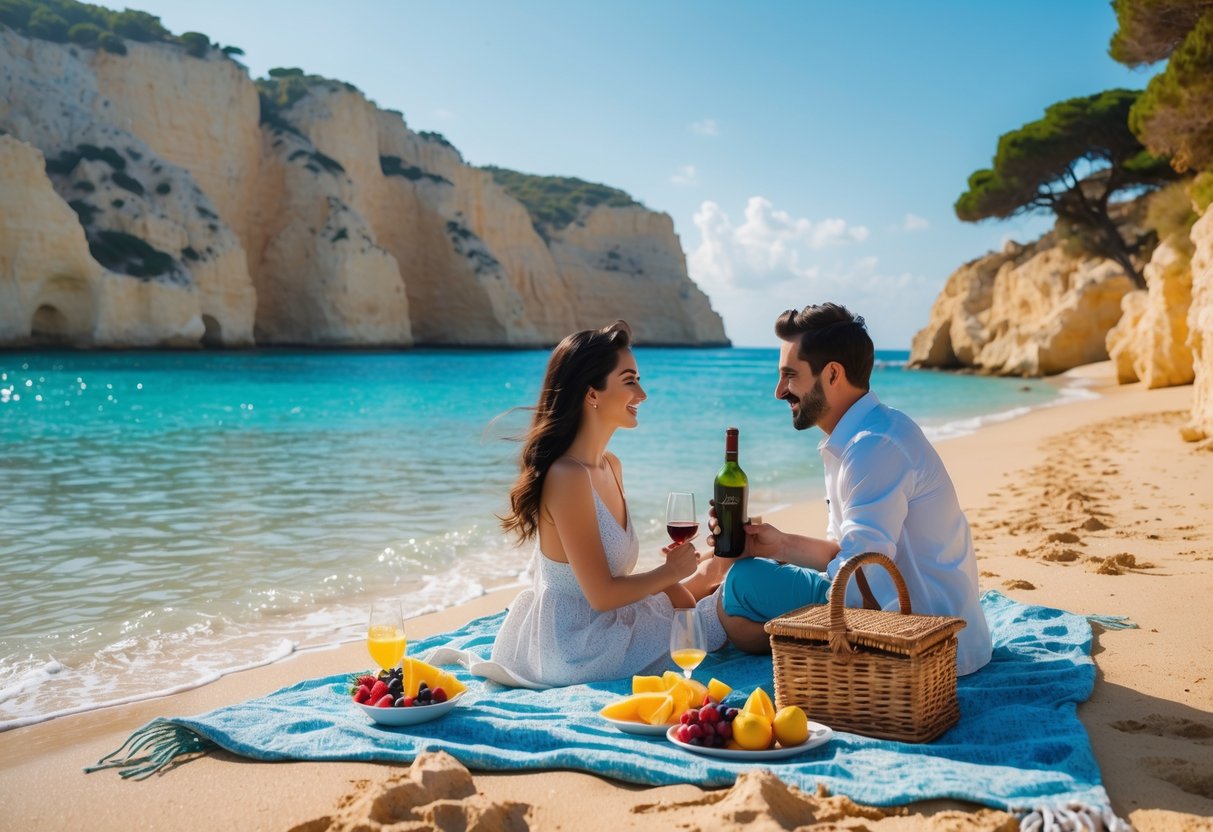 A couple having a picnic on a blanket at Golden Bay Beach with golden sand, clear blue water, and cliffs in the background.
