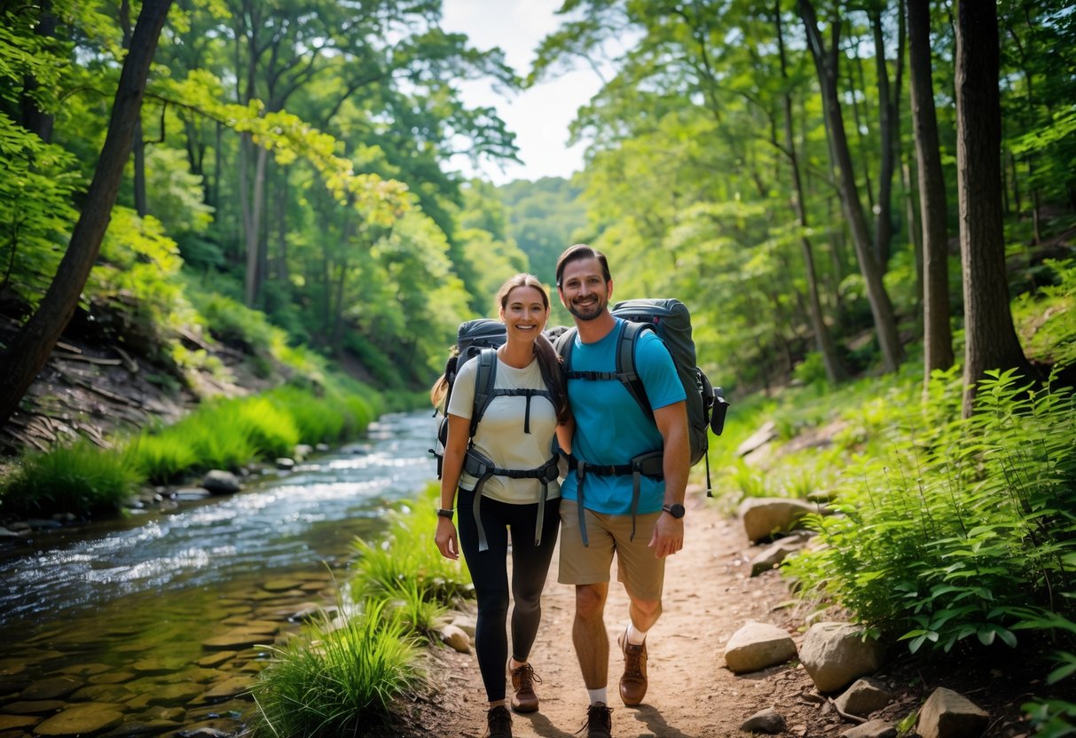 A couple hiking together on a forest trail beside a creek surrounded by trees and greenery.