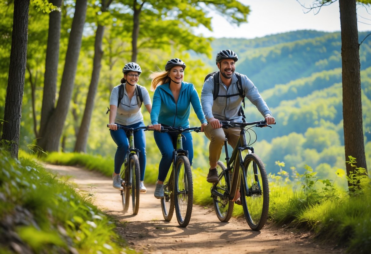 A couple riding bicycles together on a forest trail surrounded by green trees and sunlight.