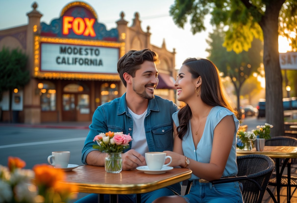 A young couple sitting at an outdoor café table in Modesto, smiling and enjoying a date with city landmarks and trees in the background.