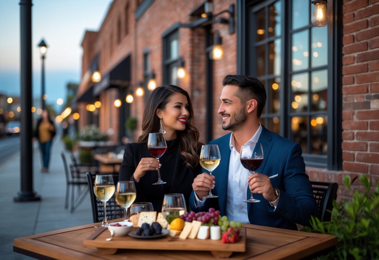 A couple enjoying wine tasting at an outdoor table in downtown Modesto with city buildings in the background.