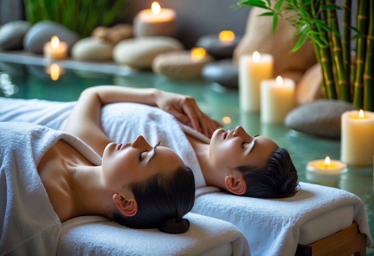 A couple receiving side-by-side massages in a peaceful spa room with candles and plants.