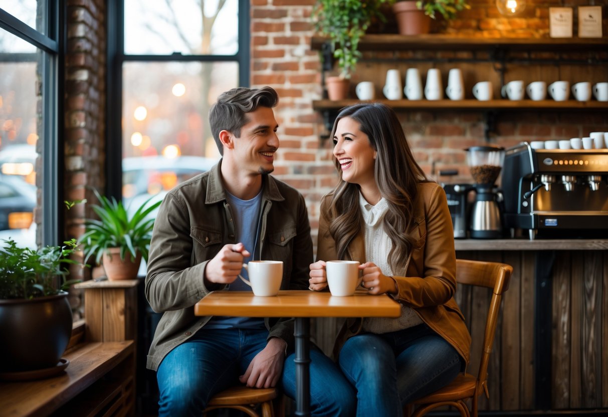 A young couple enjoying coffee together at a cozy coffeehouse table near a window.