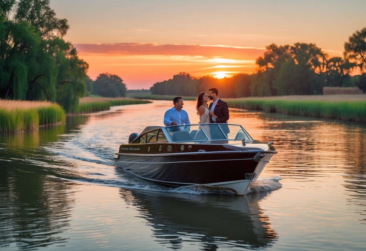 A couple enjoying a sunset cruise on a calm river surrounded by green trees and reeds.