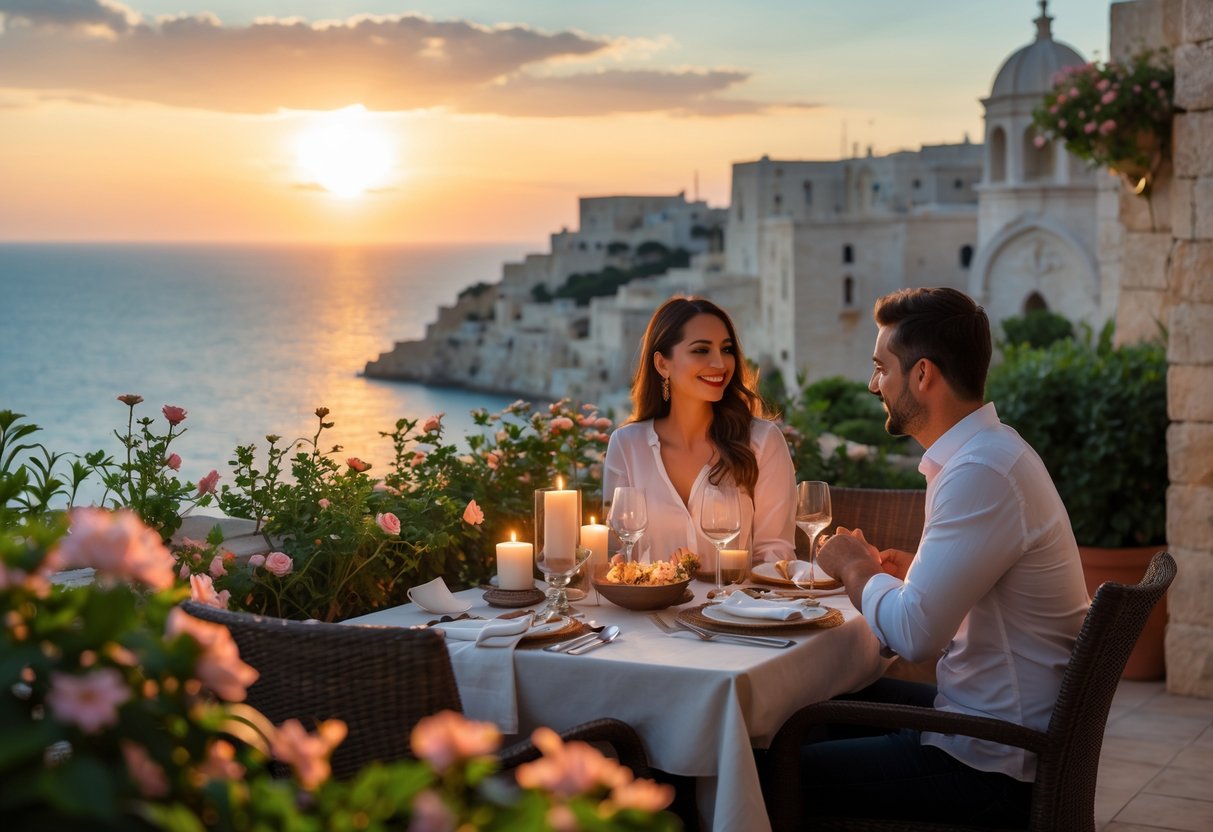 A couple enjoying a sunset dinner on a terrace overlooking the sea and Maltese buildings.