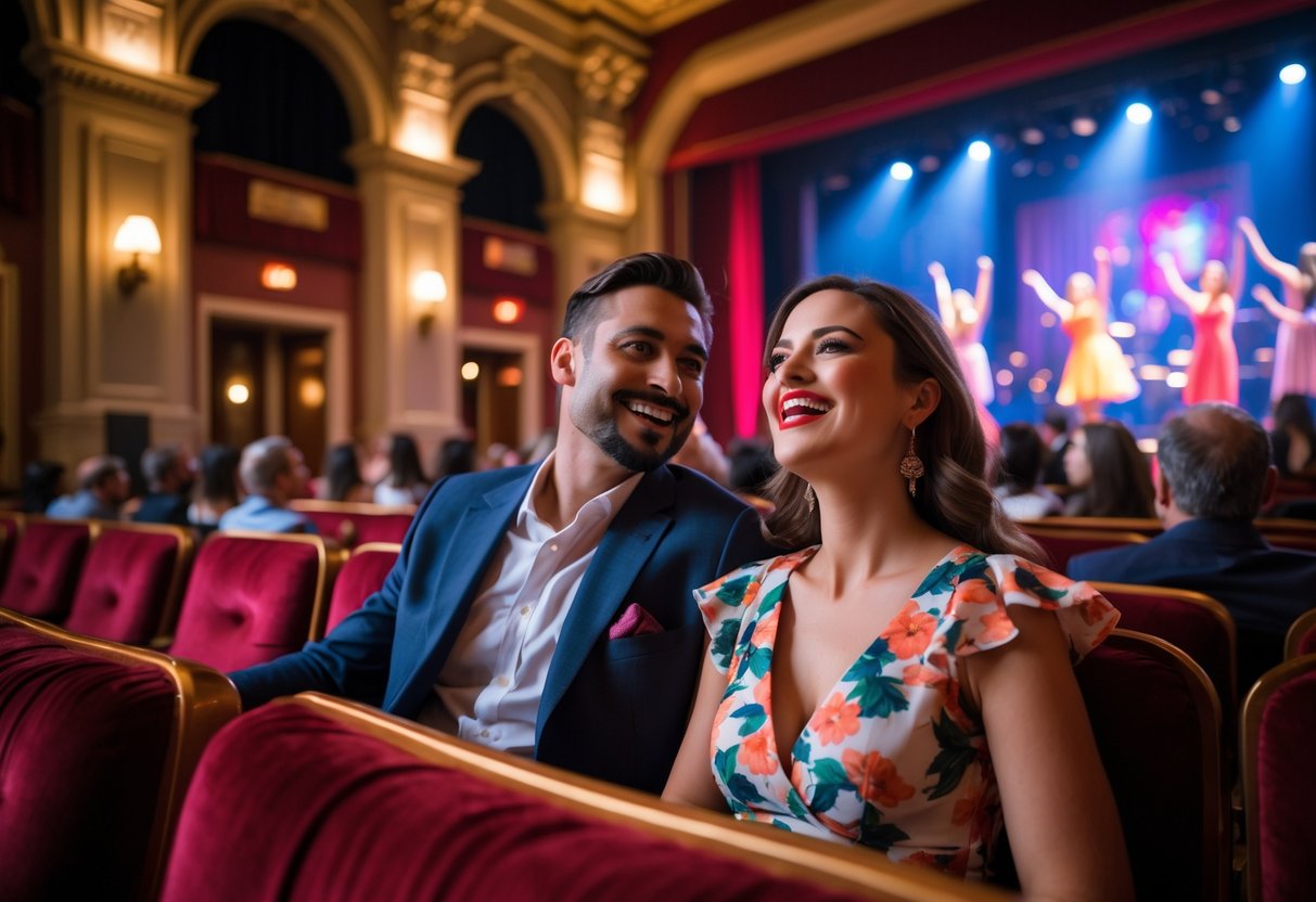 A couple enjoying a live show together in a theater with red seats and warm lighting.