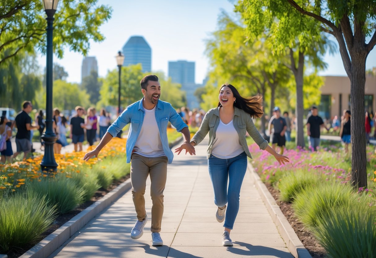 A happy couple walking playfully along a park path surrounded by trees and flowers during a scavenger hunt.