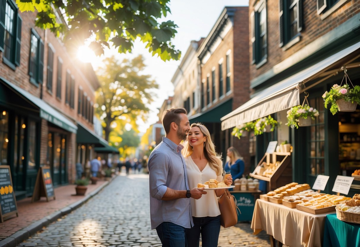 A couple walking along a cobblestone street in a historic district, tasting local treats from an outdoor market stall surrounded by brick buildings and trees.