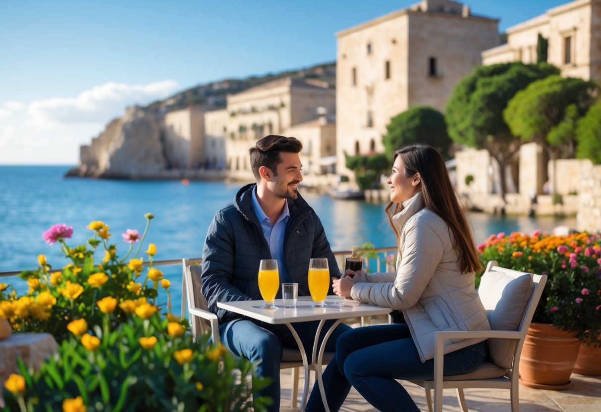 A young couple enjoying a romantic date on a terrace by the sea in Malta with clear skies and historic buildings in the background.