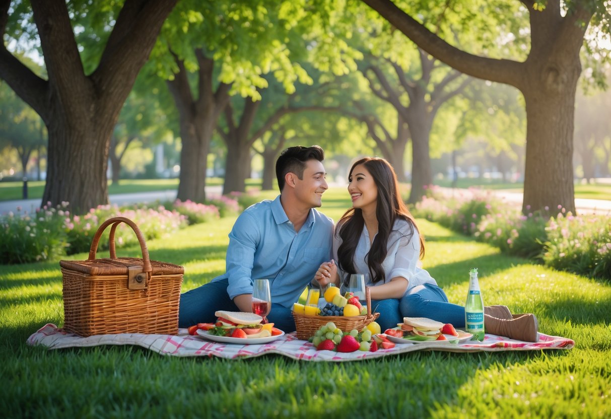 A young couple enjoying a picnic on a blanket in a green park with trees and flowers around them.