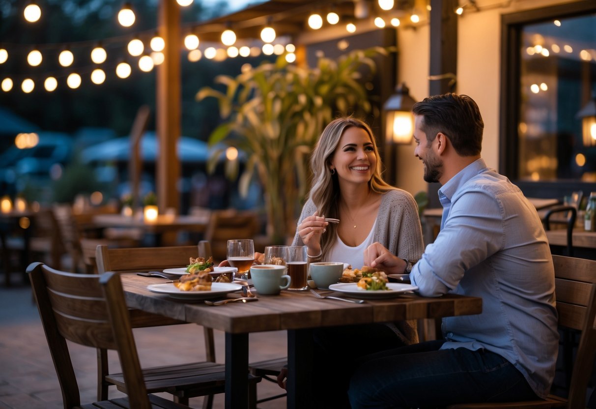 A couple enjoying a romantic dinner outdoors at Camp 4 Coffee Bar & Eatery with warm lighting and cozy decor.