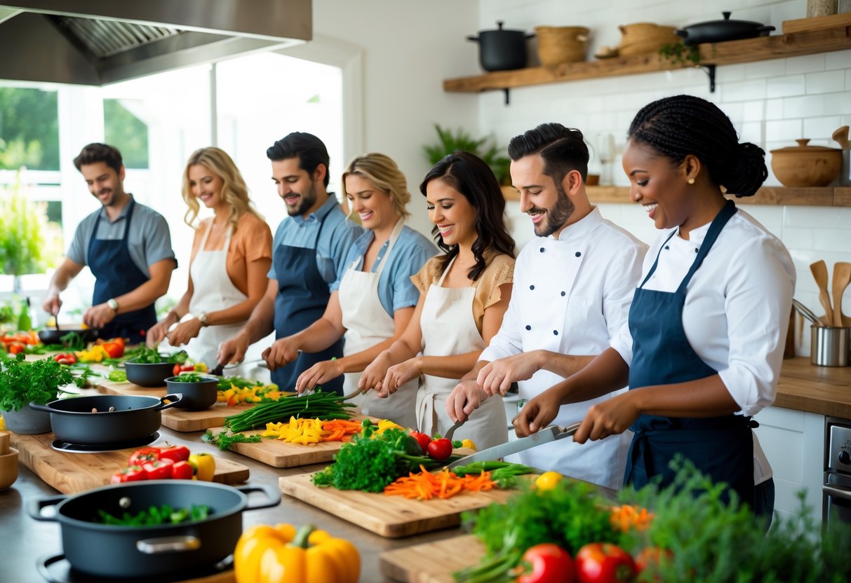 Couples cooking together in a bright kitchen, preparing fresh vegetables and enjoying a hands-on cooking class.